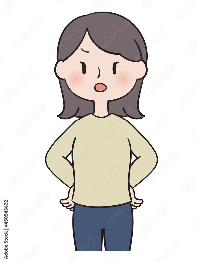 腰に手を当てて怒るポーズの私服女性 腰に手を当てて怒るポーズの私服女性