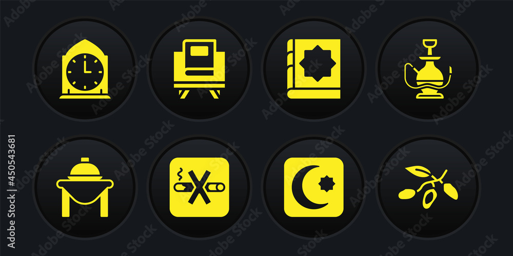 Set Table food, Hookah, No Smoking, Star and crescent, Holy book of Koran, Date fruit and Clock icon. Vector Set Table food, Hookah, No Smoking, Star and crescent, Holy book of Koran, Date fruit and Clock icon. Vector