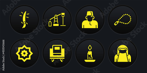 Set Octagonal star, Rosary beads religion, Holy book of Koran, Burning candle, Muslim man, Oil pump pump jack, woman niqab and Arabian saber icon. Vector