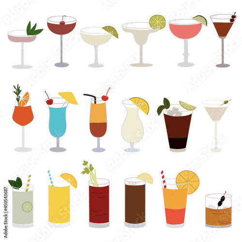 Collection of popular cocktails. Vector illustration. 