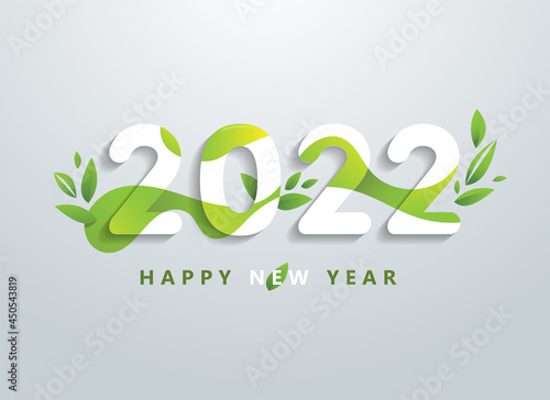 Happy 2022 new year with natural green leaves banner. Greetings and invitations, New year Christmas friendly themed congratulations, cards and natural background. Vector illustration