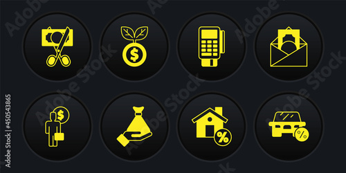 Set Business man planning mind, Envelope with dollar symbol, Money hand, House percant discount, POS terminal credit card, Dollar plant, Car leasing percent and Scissors cutting money icon. Vector