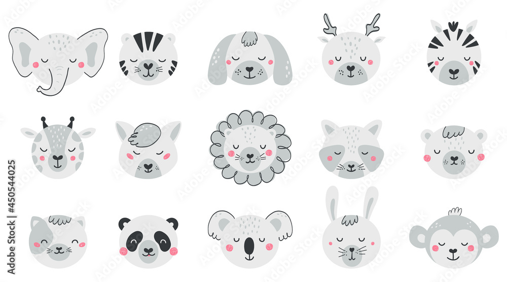 Set with faces cute animals for kid. Collection baby animal characters in flat style. Black and white illustration with cat, dog, lion, bear, fox isolated on white background. Vector