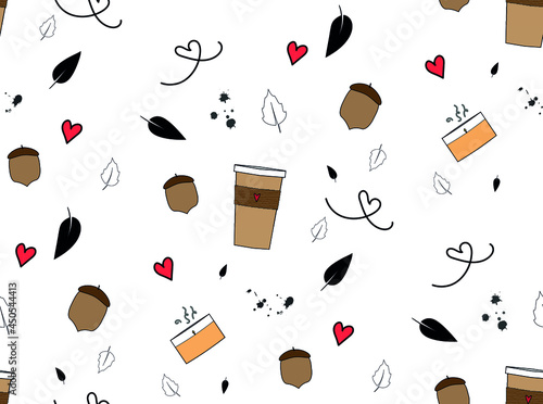 autumn pattern wth acorns, leaves, coffee and candles. October mood.
