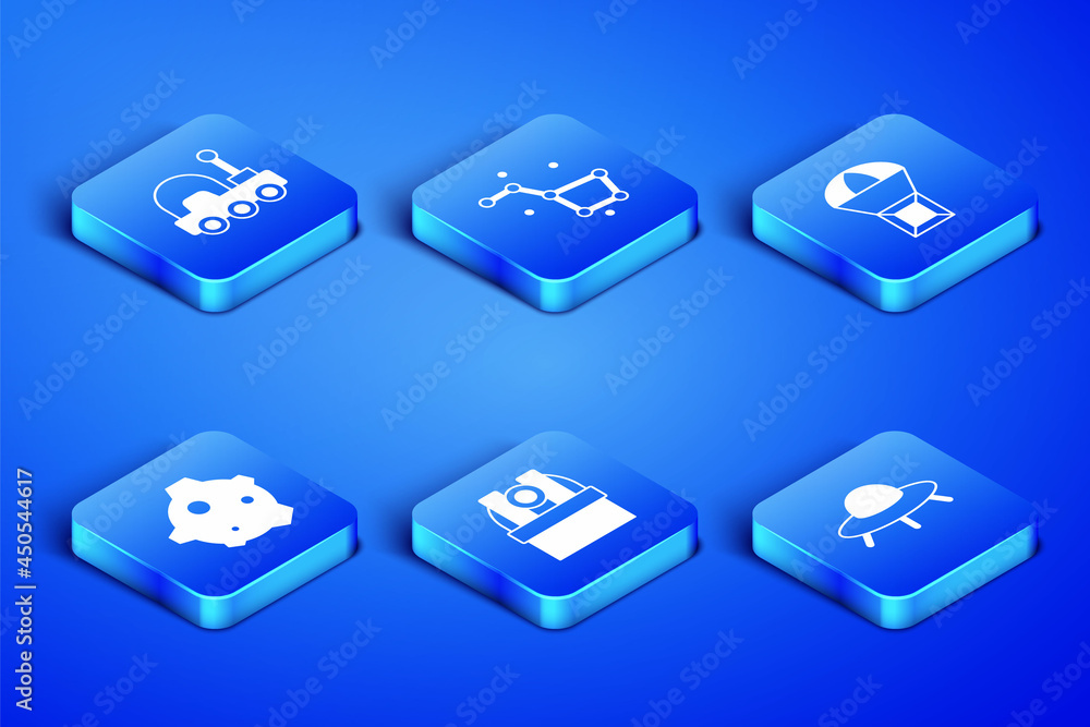 Set UFO flying spaceship, Mars rover, Astronomical observatory, Asteroid, Great Bear constellation and Box parachute icon. Vector Set UFO flying spaceship, Mars rover, Astronomical observatory, Asteroid, Great Bear constellation and Box parachute icon. Vector