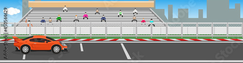 Super car on race track of  for banner. Background of stadiums and cheerleaders and a blurry image of a large city. Copy Space Flat Vector Illustration.