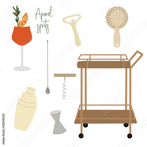 Bartender's set for making cocktails. Vector illustration.
