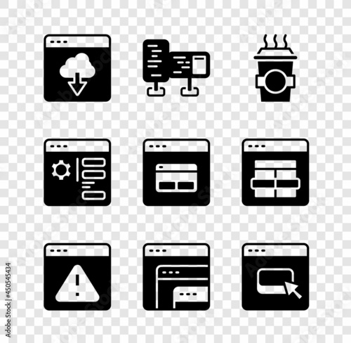 Set Cloud technology data transfer, Computer monitor screen, Coffee cup go, Browser with exclamation mark, Software, files, setting and Search engine icon. Vector © vector_v