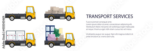 Yellow small trucks with different loads , empty and covered trucks, lorries with furniture and windows, delivery services banner, transport services and logistics, vector illustration