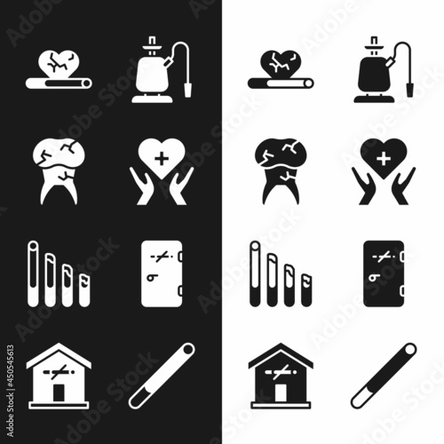 Set Heart with cross, Tooth caries, disease smoking, Hookah, Smoking cigarette, No area, Cigarette and at home icon. Vector