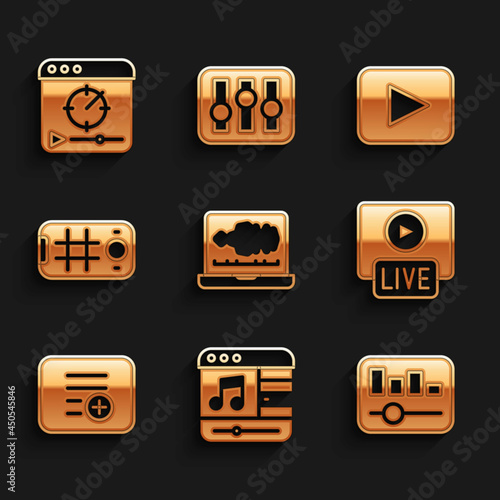 Set Sound or audio recorder, Music player, equalizer, Live stream, Add to playlist, Selfie on mobile, Play button and Online video icon. Vector