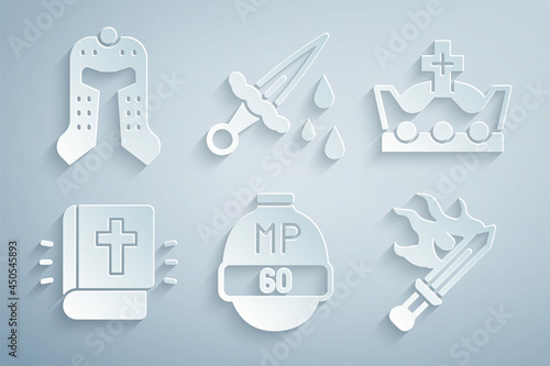 Set Video game bar, King crown, Holy bible book, Sword for, with blood and Medieval helmet icon. Vector