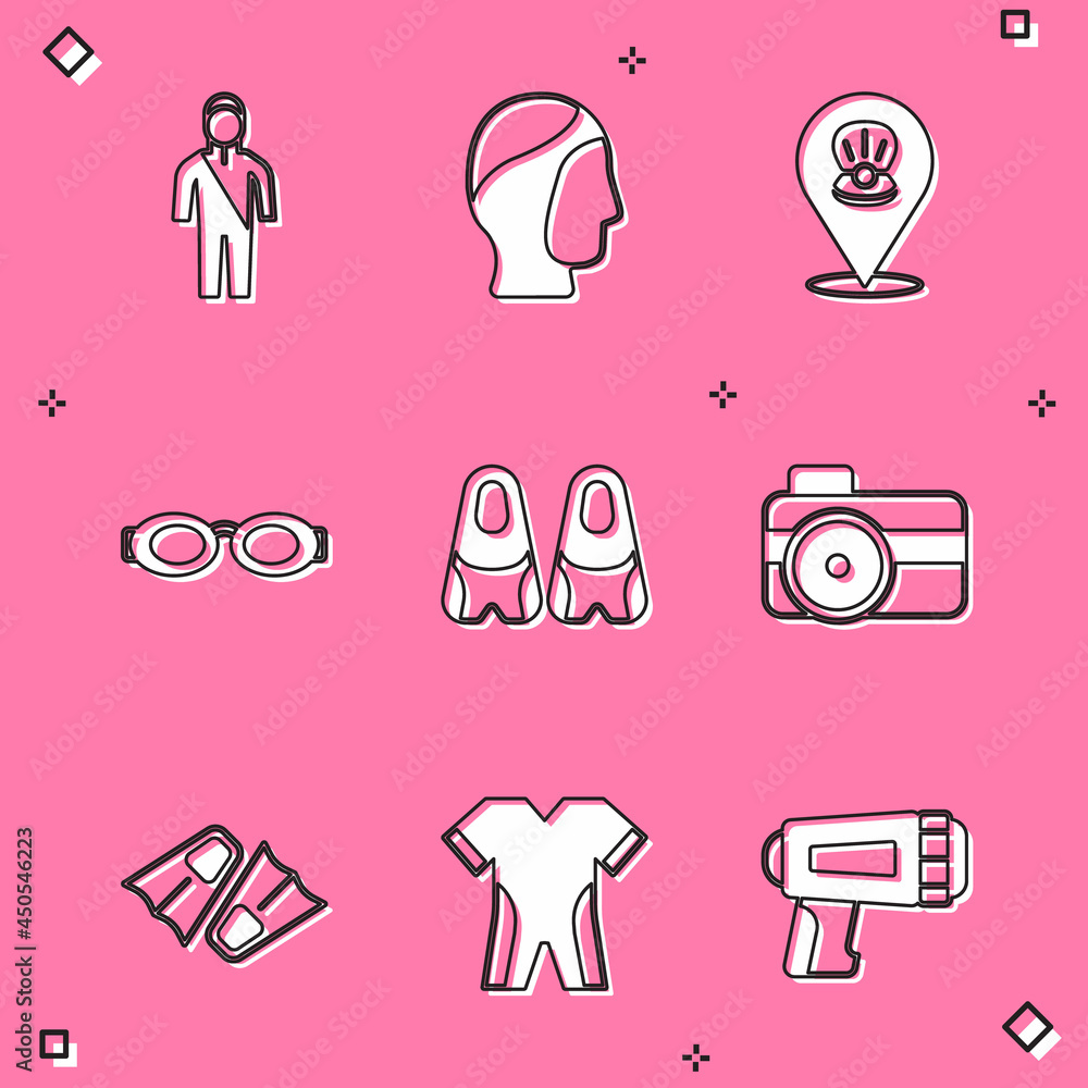 Set Wetsuit for scuba diving, Diving hood, Scallop sea shell, Glasses swimming, Flippers, Photo camera diver, and icon. Vector Set Wetsuit for scuba diving, Diving hood, Scallop sea shell, Glasses swimming, Flippers, Photo camera diver, and icon. Vector