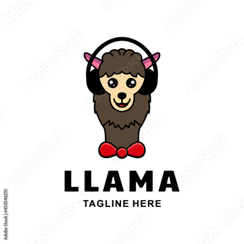Cute llamas or alpacas wearing headset,vector cartoon logo design