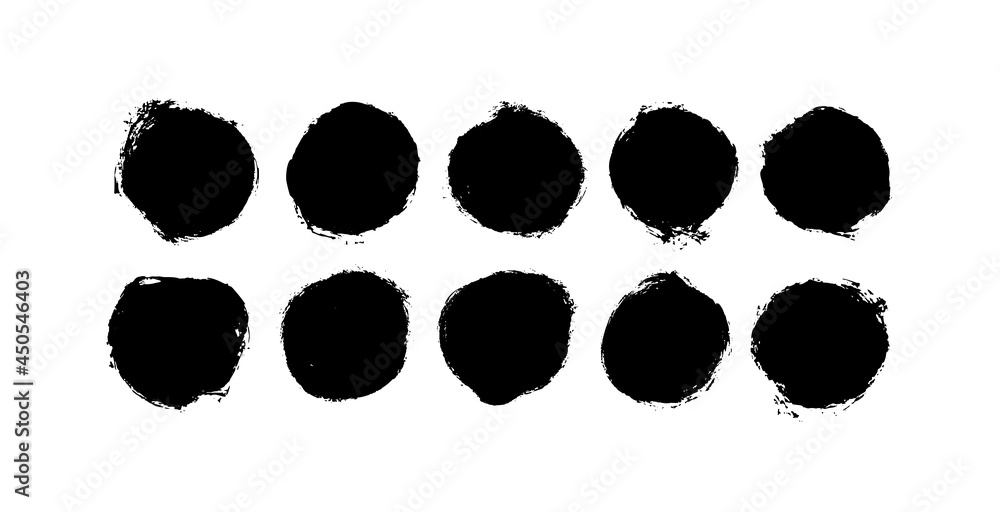 Collection of black painted vector circles. Hand drawn ink blobs, round buttons, grunge dots. Hand drawn grunge shapes isolated on white background. Circles with dry rough edges. Rounded brushstrokes. Collection of black painted vector circles. Hand drawn ink blobs, round buttons, grunge dots. Hand drawn grunge shapes isolated on white background. Circles with dry rough edges. Rounded brushstrokes.
