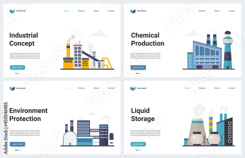 Chemical industry technology for environment protection vector illustration. Cartoon modern landing page set for chemical production webpage with chemistry industrial factory, product storage tank