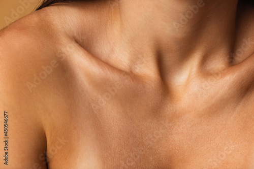 Tableau sur toile Close up female neck, collarbones isolated on pink studio background