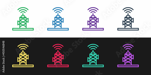 Set line Wireless antenna icon isolated on black and white background. Technology and network signal radio antenna. Vector