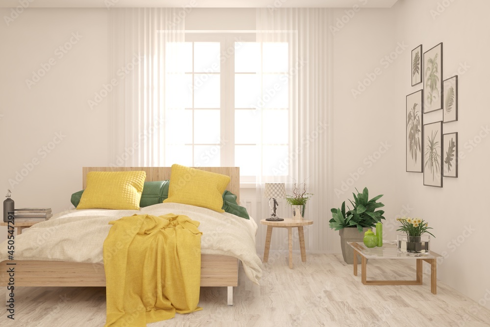 Fototapeta premium Soft color bedroom interior. Scandinavian design. 3D illustration