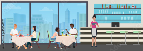 People drink coffee or tea in cafe, break time vector illustration. Cartoon young man woman characters meeting, colleagues or friends chatting during cup of coffee or tea break in cafeteria interior