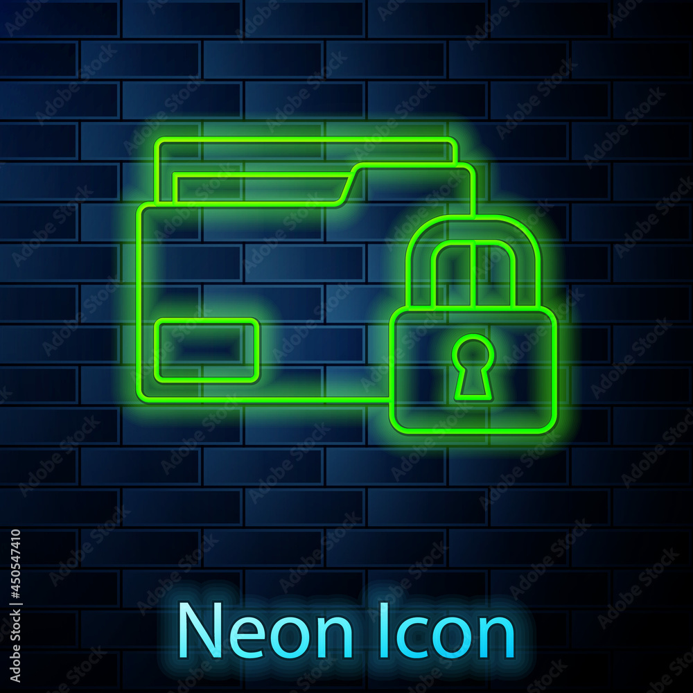 Glowing neon line Folder and lock icon isolated on brick wall background. Closed folder and padlock. Security, safety, protection concept. Vector Glowing neon line Folder and lock icon isolated on brick wall background. Closed folder and padlock. Security, safety, protection concept. Vector