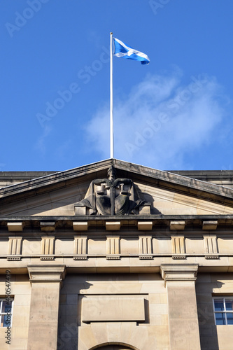 National Flag & Pole on Classical Stone Public Building with Pediment & Pilasters