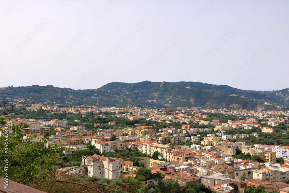 Landscape of Sorrento, Naples, Italy, West Europe. View of village on the shore cliff. Mediterranean Sea.