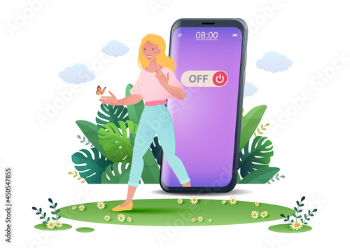 Woman retreating from social media walking out from smartphone and stepping into nature on isolated white background. Digital detox concept vector illustration.
