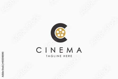 Simple Cinema Logo. Geometric Initial Letter C with Films Roll inside isolated on White Background. Flat Vector Logo Design Template Element usable for Video and Movie Logos.