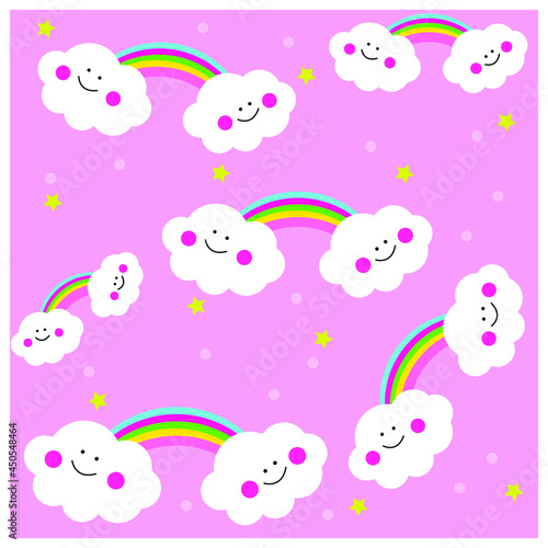 rainbow pattern pink background and clouds tender postcard