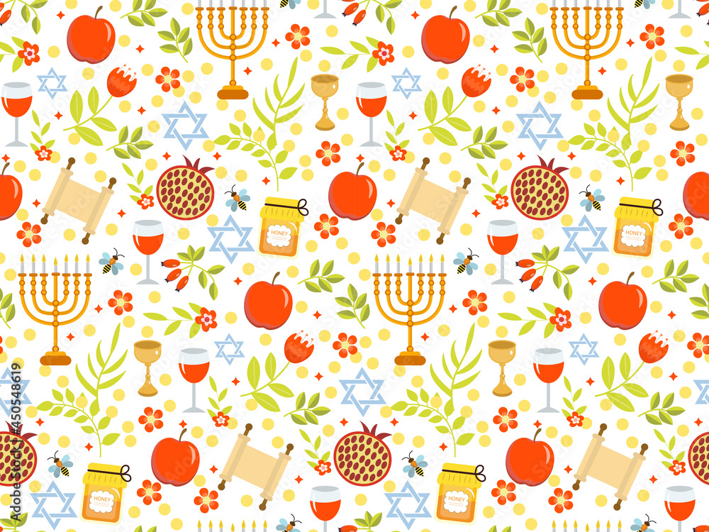 Rosh Hashanah, Shana Tova or Jewish New year seamless pattern, with honey, apple, fish, bee, bottle, torah Rosh Hashanah, Shana Tova or Jewish New year seamless pattern, with honey, apple, fish, bee, bottle, torah