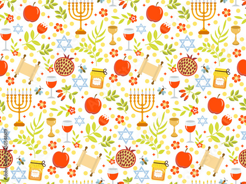 Rosh Hashanah, Shana Tova or Jewish New year seamless pattern, with honey, apple, fish, bee, bottle, torah