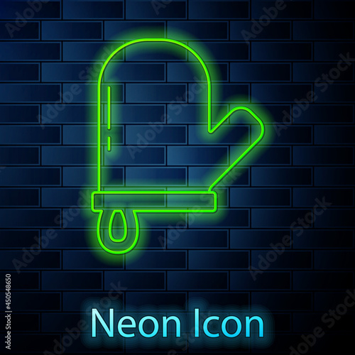 Glowing neon line Oven glove icon isolated on brick wall background. Kitchen potholder sign. Cooking glove. Vector