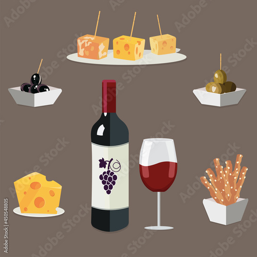 Aperitif set - red wine and various snacks