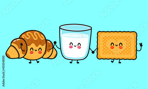 Funny cute happy cookies, glass of milk and chocolate croissant characters bundle set. Vector kawaii line cartoon style illustration. Cookies, glass of milk and croissant friends concept 