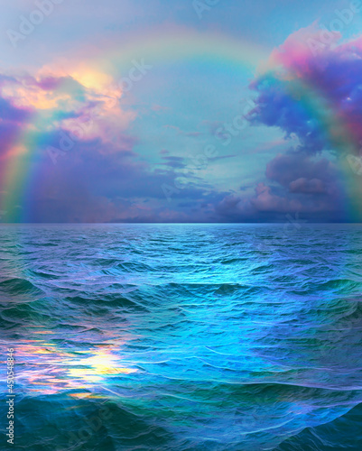 3d illustration of a beautiful seascape with clouds and a rainbow after rain bright blue color reflection of the rainbow in the water © Konstantin