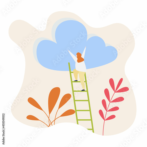 Cloud storage vector concept. The girl of them is trying to climb the cloud on the stairs. photo