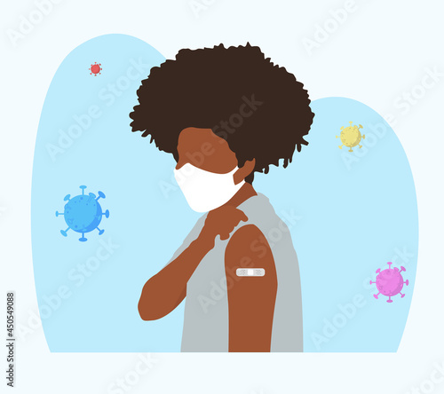 People Showing Vaccinated Arm. Vaccine distribution for general population concept illustration. Process of immunization against covid-19. Healthcare, coronavirus, prevention and immunize.	