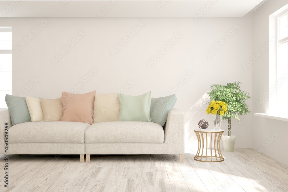Fototapeta premium White living room with sofa. Scandinavian interior design. 3D illustration