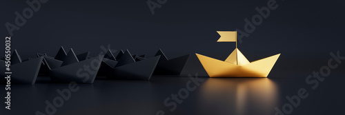 Fotografija Group of black paper boats with golden leader on dark background