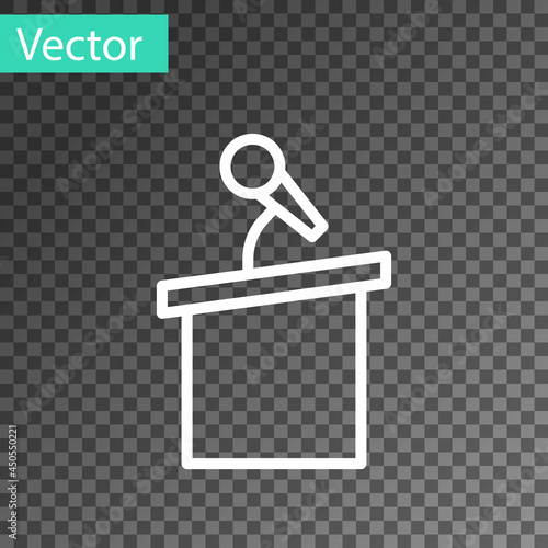 White line Stage stand or debate podium rostrum icon isolated on transparent background. Conference speech tribune. Vector