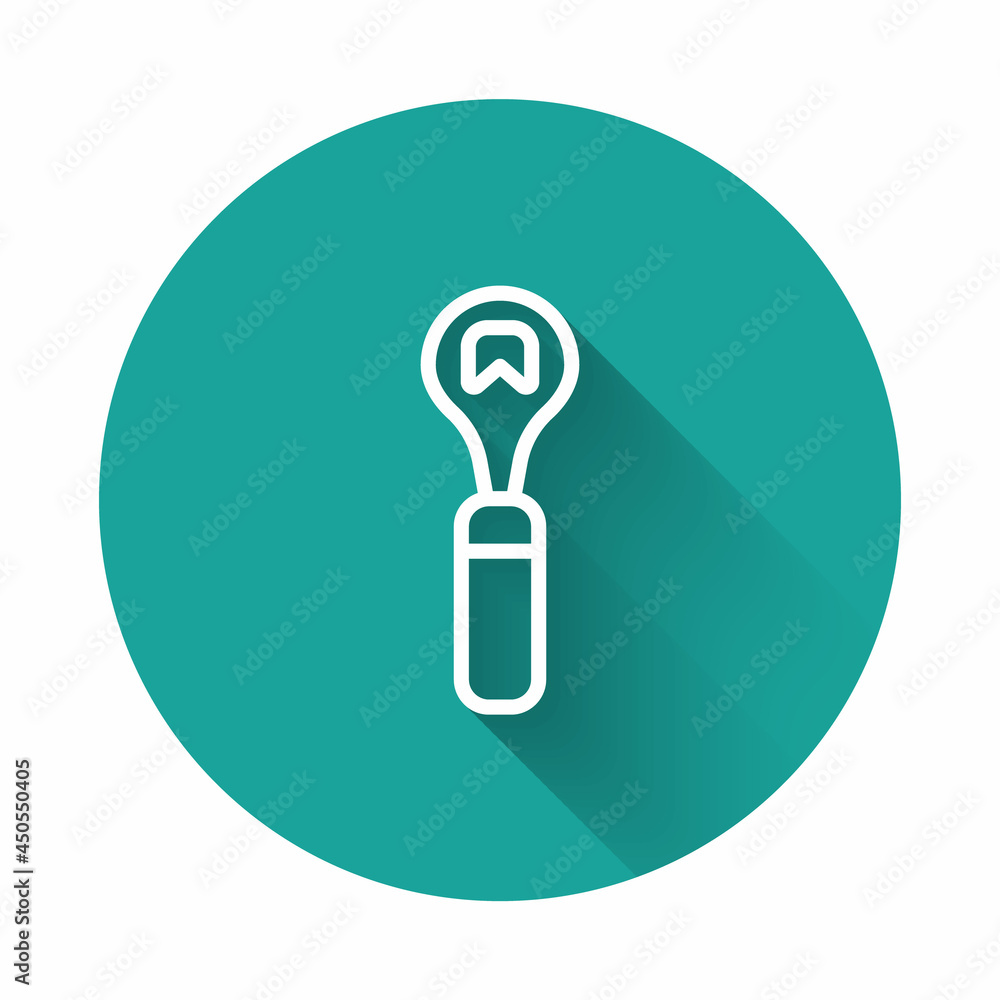 White line Bottle opener icon isolated with long shadow background. Green circle button. Vector White line Bottle opener icon isolated with long shadow background. Green circle button. Vector
