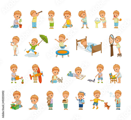 Collection of cartoon illustrations with children's performing different actions. Colorful kid character.