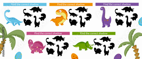 Dinosaurs. Find the correct shadow. Educational game. Vector cartoon.