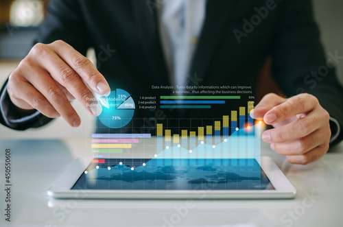 Businessman investment analyzing company financial report balance statement working with digital augmented reality technology. Concept for business, economy and statistic. 3D illustration.