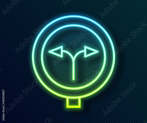Glowing neon line Fork in the road icon isolated on black background. Vector
