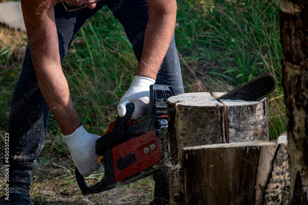 Chainsaw is in operation. Unrecognizable male logger saws tree with hand held cordless chainsaw in forest, sawdust flying on sides. Close-up of chain saw saw cutter in motion. Concept down trees. Chainsaw is in operation. Unrecognizable male logger saws tree with hand held cordless chainsaw in forest, sawdust flying on sides. Close-up of chain saw saw cutter in motion. Concept down trees.