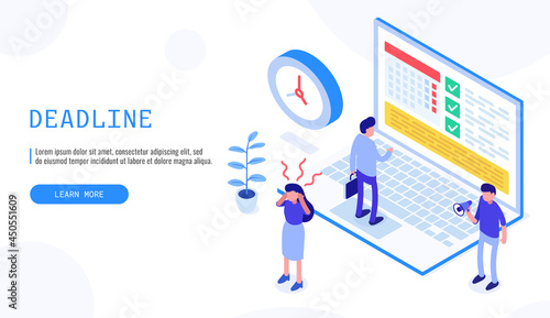 Project planning, deadline and time management concept. Business team working. Vector 3d isometric illustration.