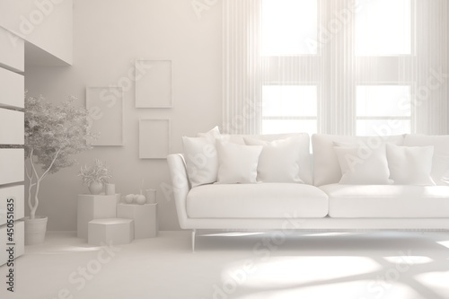 White minimalist living room with sofa. Scandinavian interior design. 3D illustration