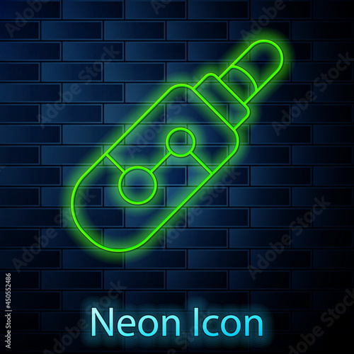 Glowing neon line Electronic cigarette icon isolated on brick wall background. Vape smoking tool. Vaporizer Device. Vector